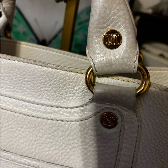 Celine Boogie White Leather Handbag with Gold Accents